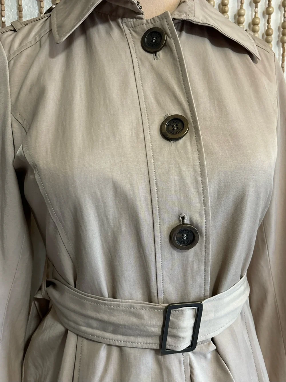 Y2K Vintage Guess Khaki Button Down Ruffle Hem Long Sleeve Belted Trench Jacket